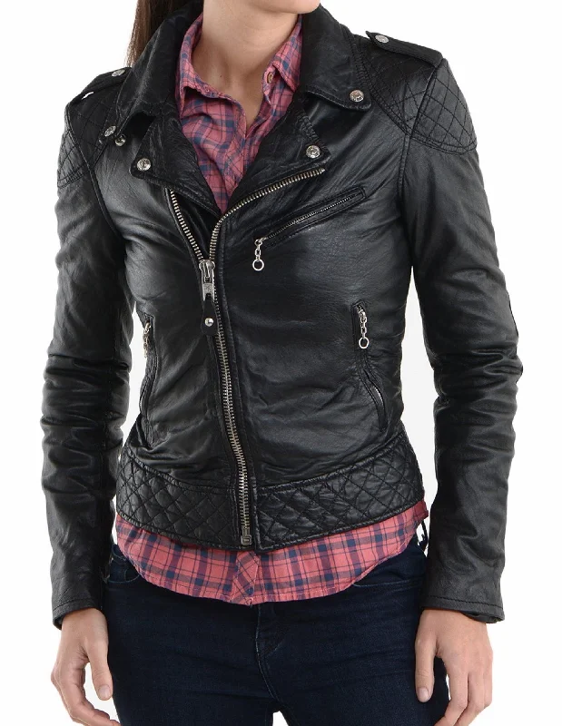 Women's Genuine Leather Motorcycle Jacket Black WJ005 Jersey Jacket Tulle Jacket Batik Jacket