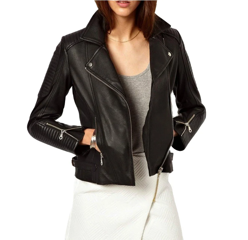 Women's Genuine Leather Motorcycle Jacket Black WJ006 Chenille Jacket Brocade Jacket Lace Jacket