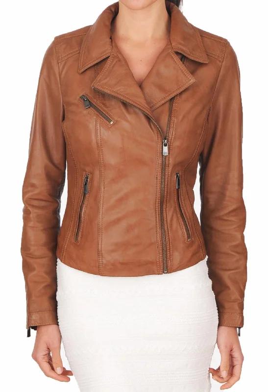 Women's Genuine Leather Motorcycle Jacket Tan WJ007 Faux Fur Jacket Real Fur Jacket Shearling Jacket