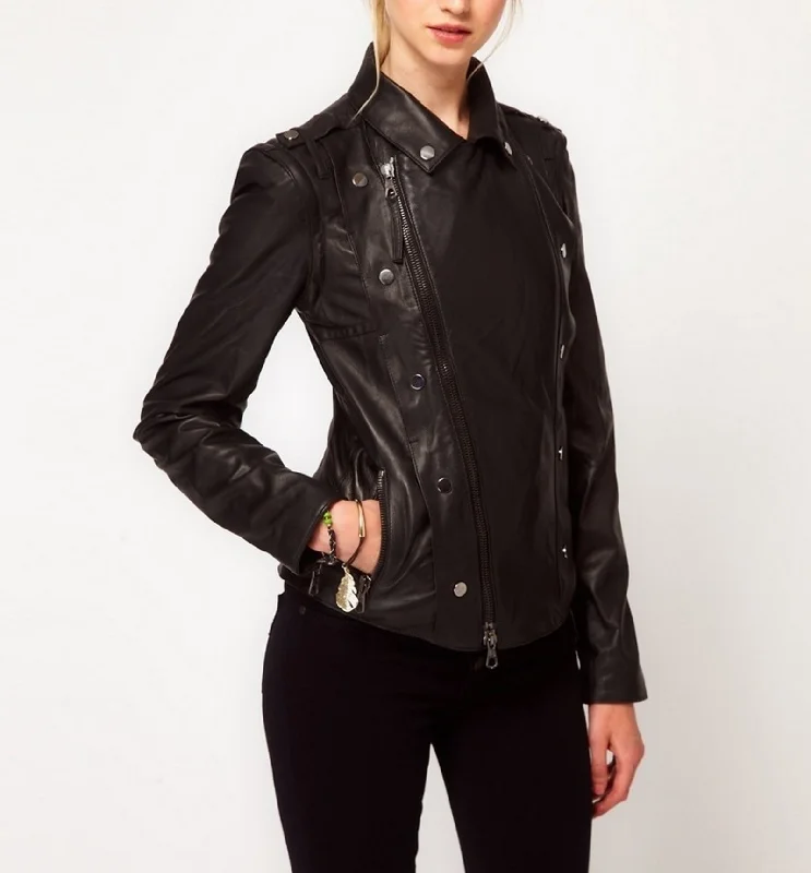 Women's Genuine Leather Motorcycle Jacket Black WJ010 Toggled Jacket Drawstring Jacket Belted Jacket