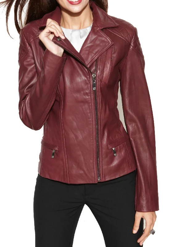 Women's Genuine Leather Motorcycle Jacket Burgundy WJ013 Herringbone Jacket Checkered Jacket Solid Jacket