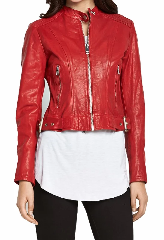 Women's Genuine Leather Motorcycle Jacket Red WJ014 Lace Jacket Ribbed Jacket Sequined Jacket