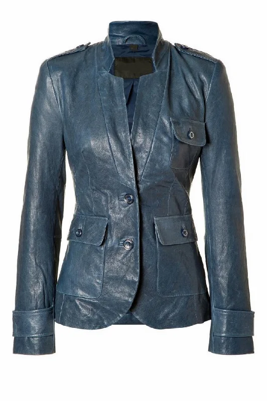 Women's Genuine Leather Motorcycle Jacket Blue WJ015 Satin Jacket Silk Jacket Chiffon Jacket