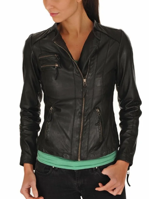 Women's Genuine Leather Motorcycle Jacket Black WJ017 Quilted Jacket Puffer Jacket Insulated Jacket