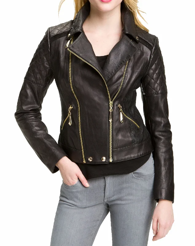 Women's Genuine Leather Motorcycle Jacket Black WJ018 Hoodie Zip-Up Jacket Button-Up Jacket