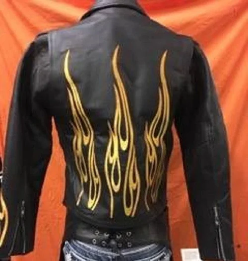 Women's Leather Jacket with Flame Embroidery on Sleeves and Back Print Jacket Jacquard Jacket Patchwork Jacket