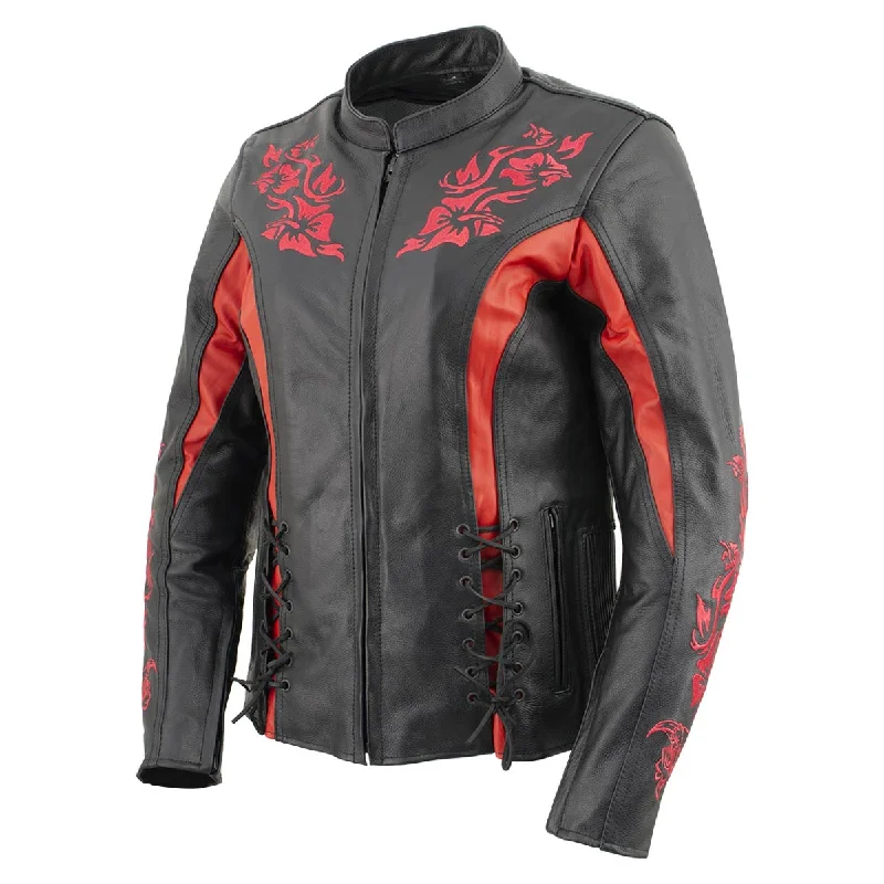 Xelement XS2029 Women's 'Gemma' Biker Black with Red Leather Embroidered Jacket with X-Armor Trench Coat Raincoat Waterproof Jacket