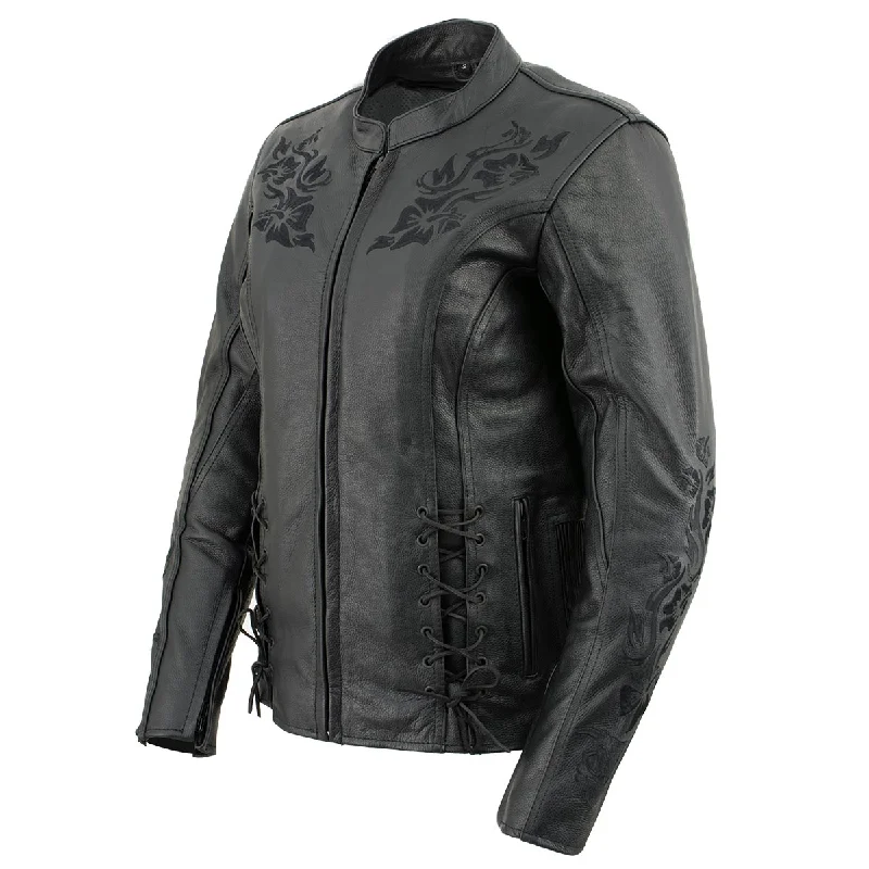 Xelement XS2030 Women's 'Gemma' Solid Black Leather Embroidered Jacket with X-Armor Protection Stand-Up Collar Roll-Neck Collar Turtle Neck