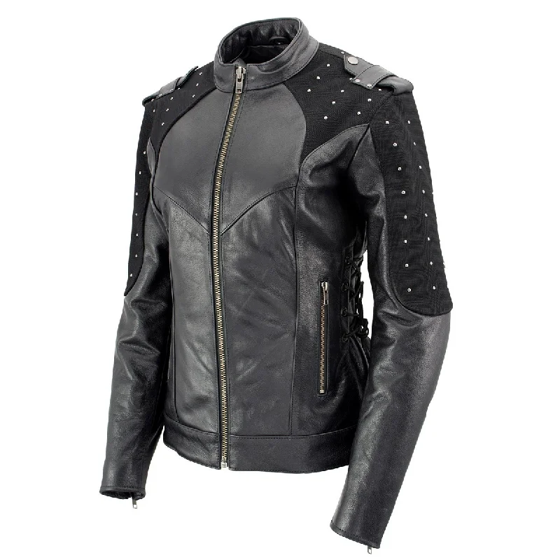 Xelement Women's Scuba Black Leather Motorcycle Biker Jacket with Reflective Wings and Studs XS22001 Knit Fabric Woven Fabric Fleece Fabric