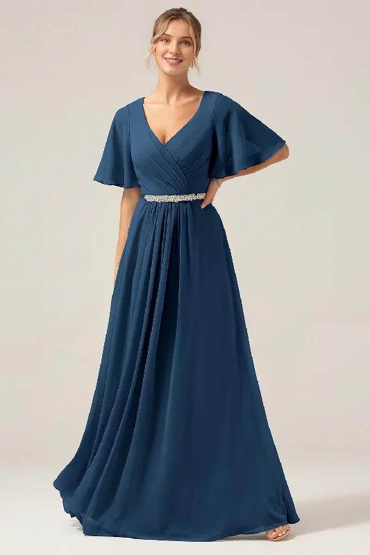 Navy blue A-line V-neck chiffon short sleeved and floor length skirt spandex blend skirt