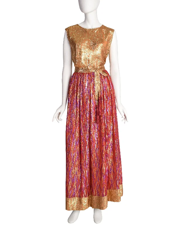 Adolfo Vintage Gold and Red Metallic Silk Top and Skirt Ensemble Set flowy skirt hem