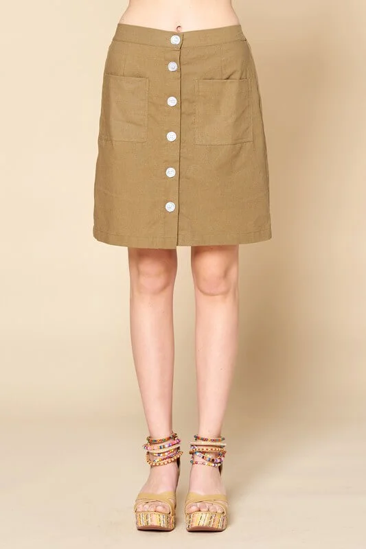 Khaki Button Front High Waist Skirt leather skirt bold