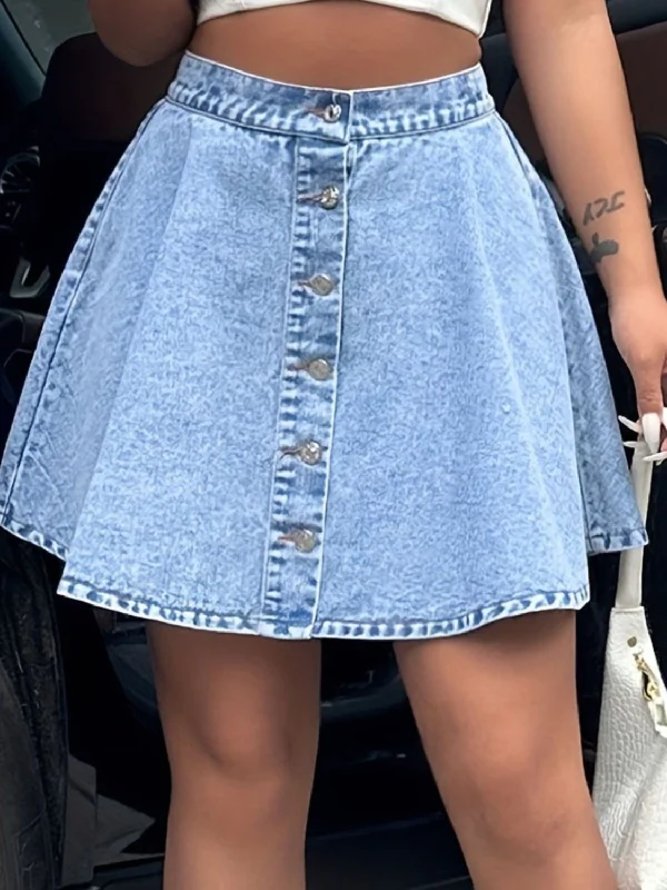 Buttoned Mini Denim Skirt leather skirt sleek