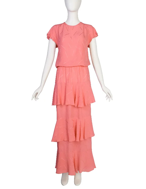 Chloe Vintage SS 1980 Coral Crepe de Chine Silk Jacquard Top and Tiered Skirt Ensemble lace skirt romantic