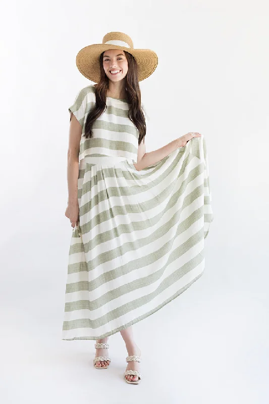 Green and White Linen Stripe Skirt button skirt front