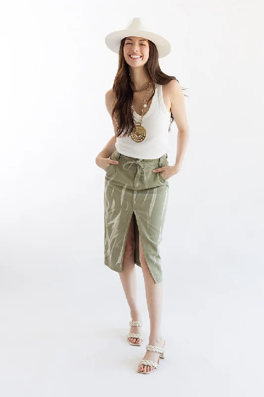 Olive Denim Midi Skirt with Distressing asymmetrical skirt cut