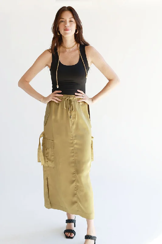 Olive Silk Cargo Maxi Skirt lace skirt delicate