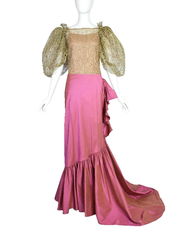 Oscar de la Renta 2001 Metallic Gold Lace Puff Sleeve Top and Pink Silk Taffeta Skirt Ensemble Set athletic skirt fit