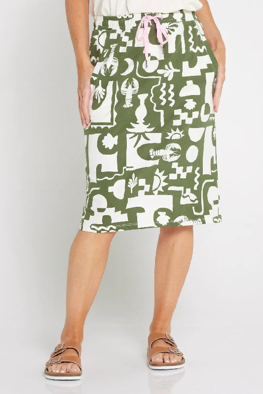 Postcard Skirt - Khaki and Cream Print summer skirt style