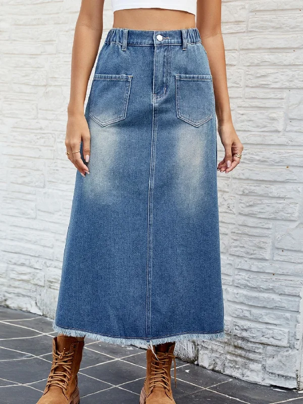 Raw Hem Buttoned Denim Skirt with Pockets cotton skirt soft