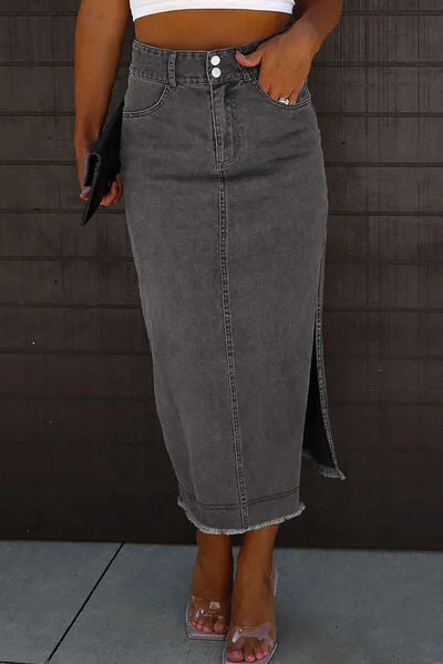 Raw Hem Slit Pocketed Midi Denim Skirt velvet skirt sumptuous