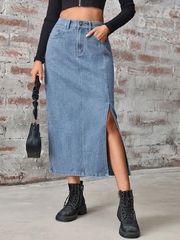 Slit High Waist Denim Skirt with Pockets low waist skirt