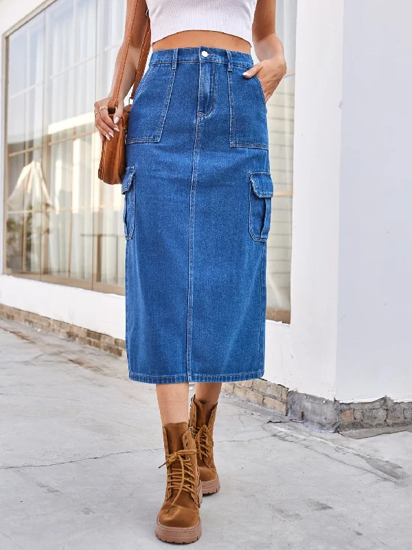 Slit Midi Denim Skirt with Pockets vintage skirt charm