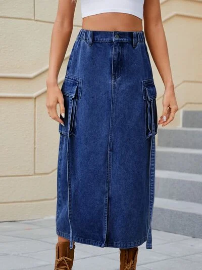 Slit Pocketed High Waist Denim Skirt wool skirt sturdy