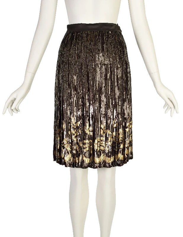 Valentino Vintage AW 1990 Brown Gold Floral Sequin Chiffon Pleated Skirt slim fit skirt