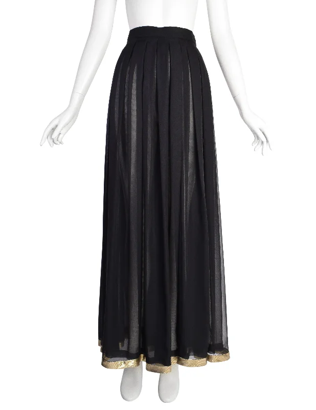 Valentino Vintage Black Sheer Silk Georgette with Metallic Gold Stripe Pleated Full Length Maxi Skirt velvet skirt plush