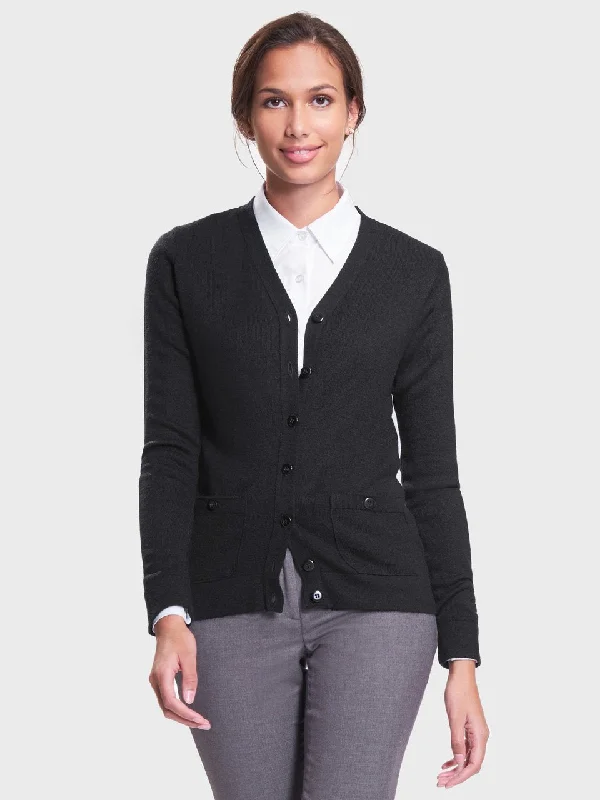 Ladies' 2 Pocket V-Neck Cardigan Sweater - Black Fleece Fabric Down Fabric Feather Fabric