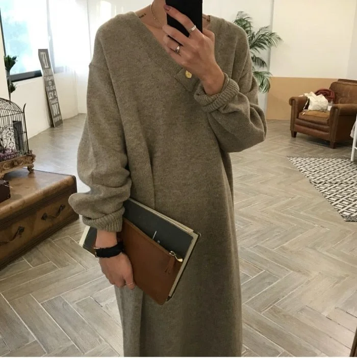 2019 Winter Loose Style Women Dress Elegant Korea Knitted Sweater Dress V Neck Casual Dress Fitted Loose Oversized