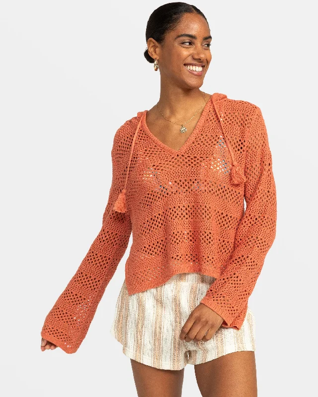 After Beach Break Hooded Poncho Sweater - Apricot Brandy Hooded Caped Shawl Collar