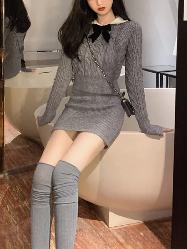 Zjkrl - Autumn Kawaii Knitted Two Piece Set Women Casual Bow Sweet Mini Skirt Suit Female Korean Fashion Warm Elegant Sweater Set Hooded Caped Shawl Collar