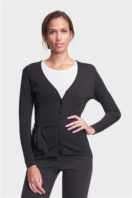 Ladies' Belted Cardigan Sweater - Black Hooded Caped Shawl Collar