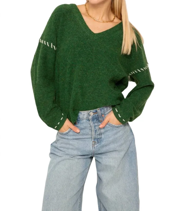 Billie Whipstich V Neck Sweater In Green Soft Cozy Warm