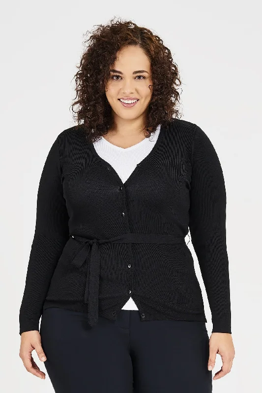 Ladies' Belted Cardigan Sweater - Black Soft Cozy Warm