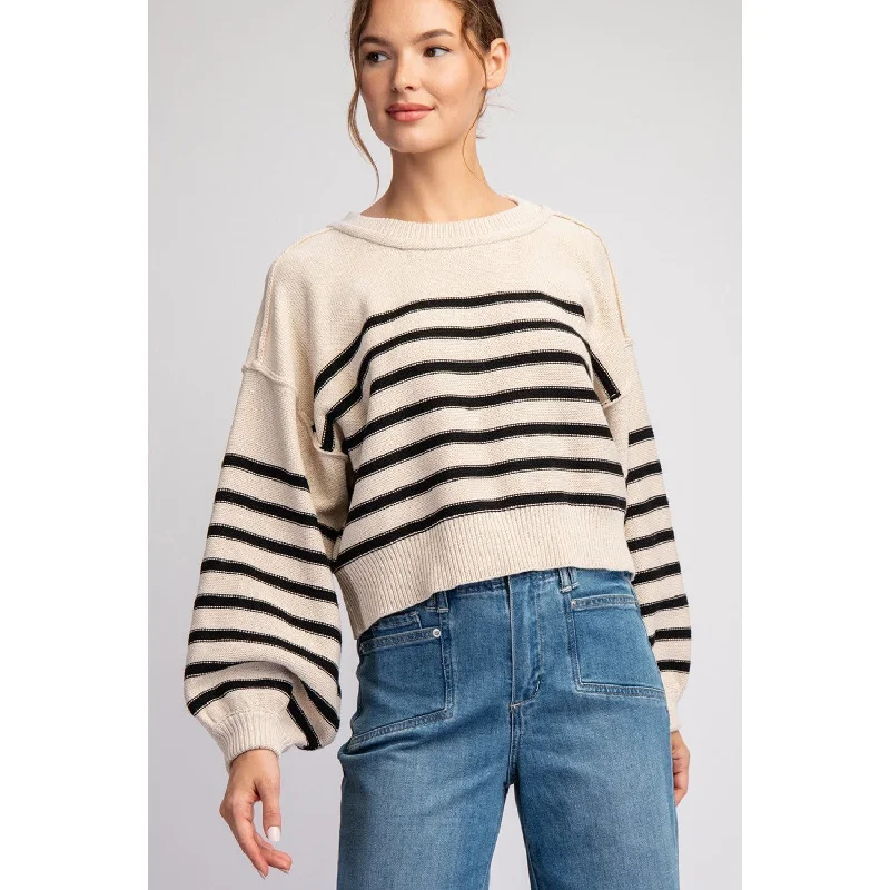 ee:some - Striped Cropped Sweater Top - Sand Print Jacquard Patchwork