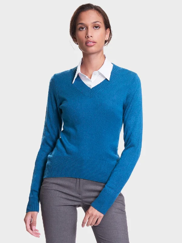 Ladies' Favorite V-Neck Sweater - Aquamarine Lace Blend Ribbed Blend Corduroy Blend