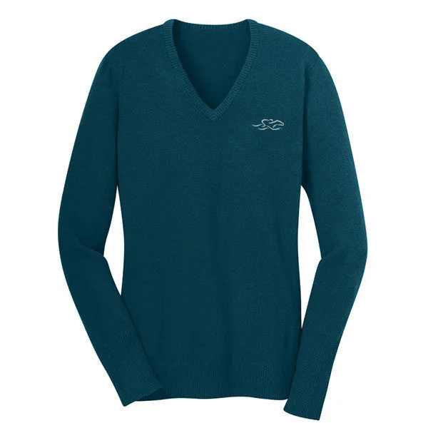 Fine Gauge V Neck Sweater - Turquoise Cashmere Blend Cotton Blend Poly Blend