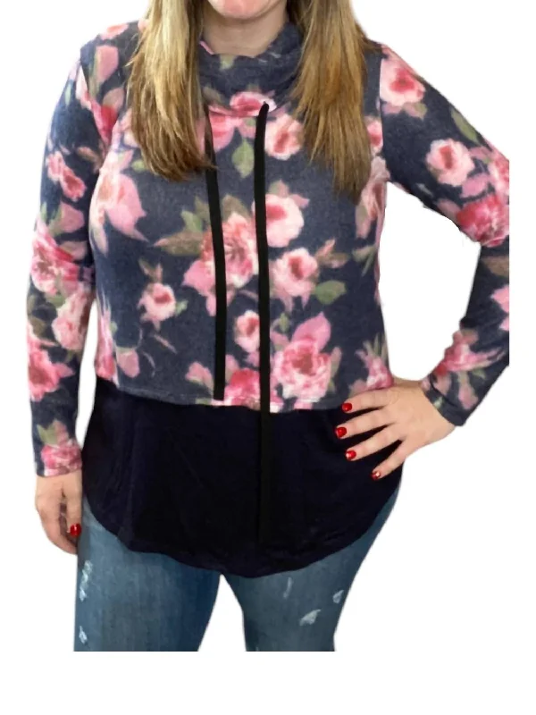 Floral Cowlneck Sweater In Navy/pink Transparent Opaque Sheer