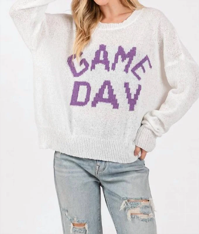 Game Day Sweater In Purple/white Modern Contemporary Chic