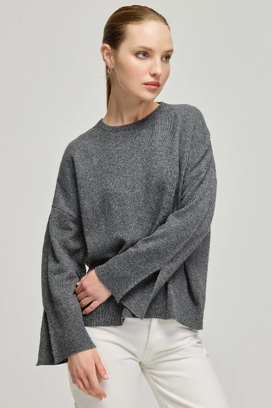 Gray Melange Cashmere Wool Romy Crew Neck Back Detailed Women's Sweater Front Pockets Side Pockets Patch Pockets