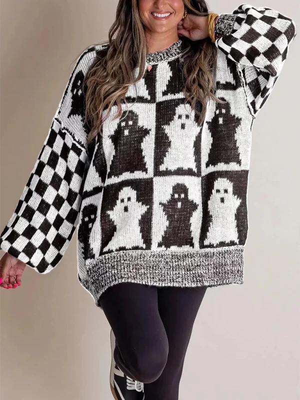 Halloween Loose Crew Neck Sweater Graphic Sweater Embroidered Appliqued