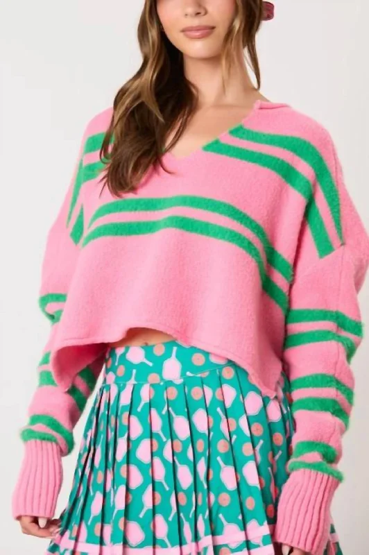 In A Rush Stripe Crop Sweater In Pink & Green Wool Sweater Cotton Sweater Cashmere Sweater