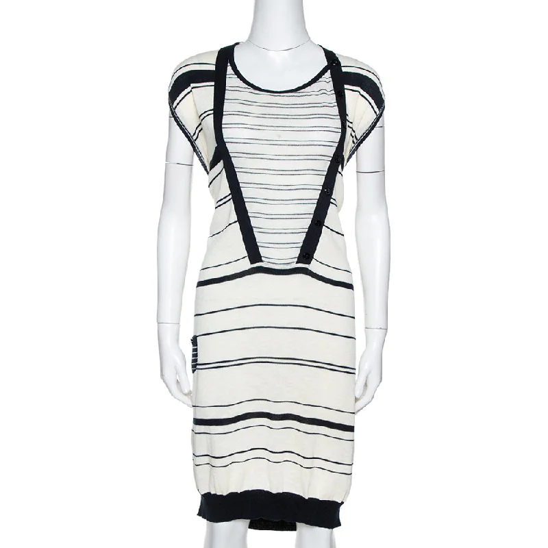 Kenzo Off White & Navy Striped Cotton Knit Sweater Dress Modern Contemporary Chic