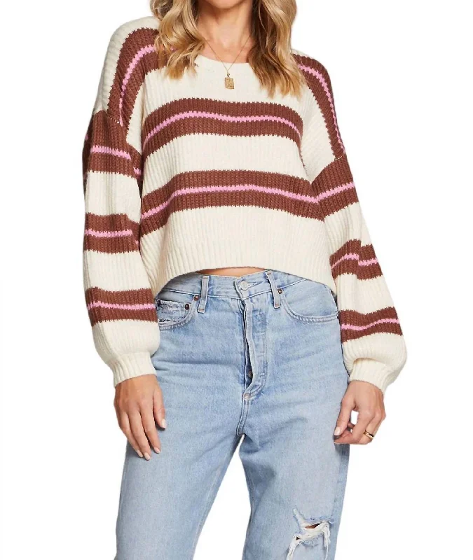 Mimi Striped Sweater In Cream/brown/pink Real Fur Shearling Chenille