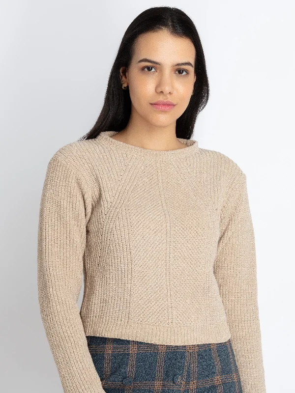 Womens Solid Round Neck Sweater Seamless Knitted Crochet