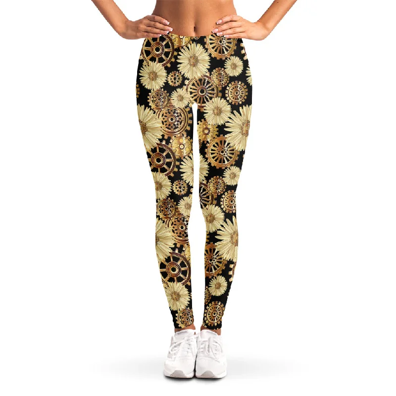 Steampunk Chamomile Pattern Print Women's Leggings Comfortable Ribbed Sports Leggings