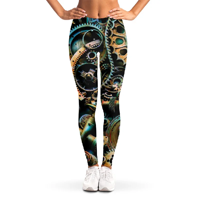 Steampunk Cogs And Gears Print Women's Leggings Elegant Printed Leggings with Pockets